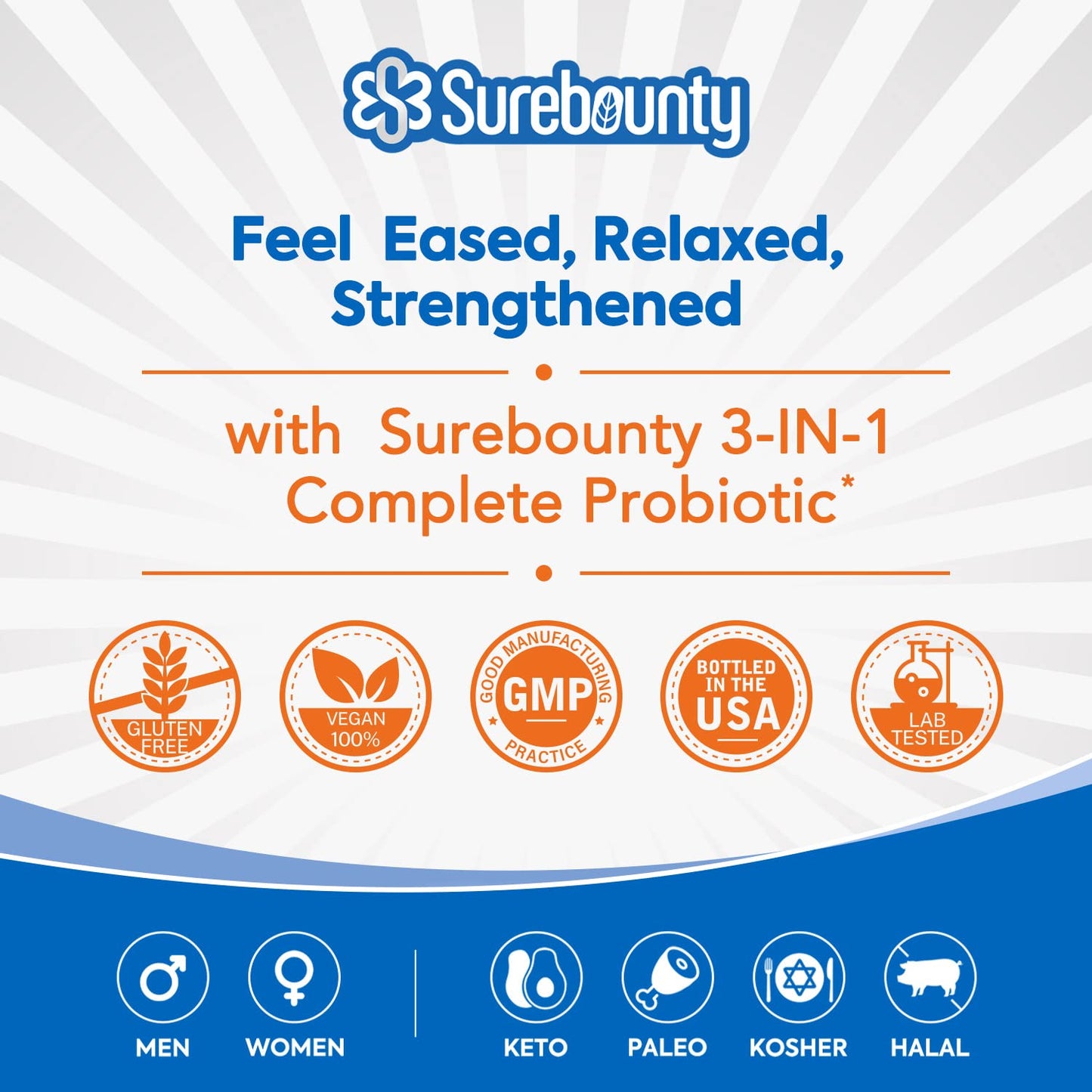 Surebounty Probiotics 120B CFU – 3-in-1 Digestive Support (30 Caps)