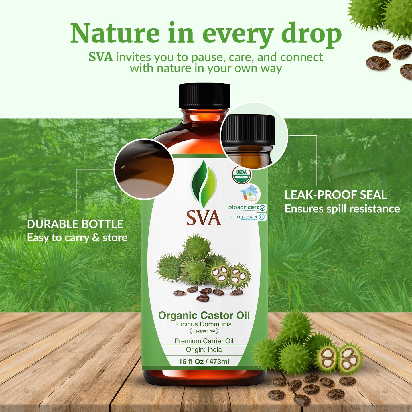 SVA Castor Seed Oil Organic โ 16 Fl Oz | Cold-Pressed 100% Natural Carrier Oil