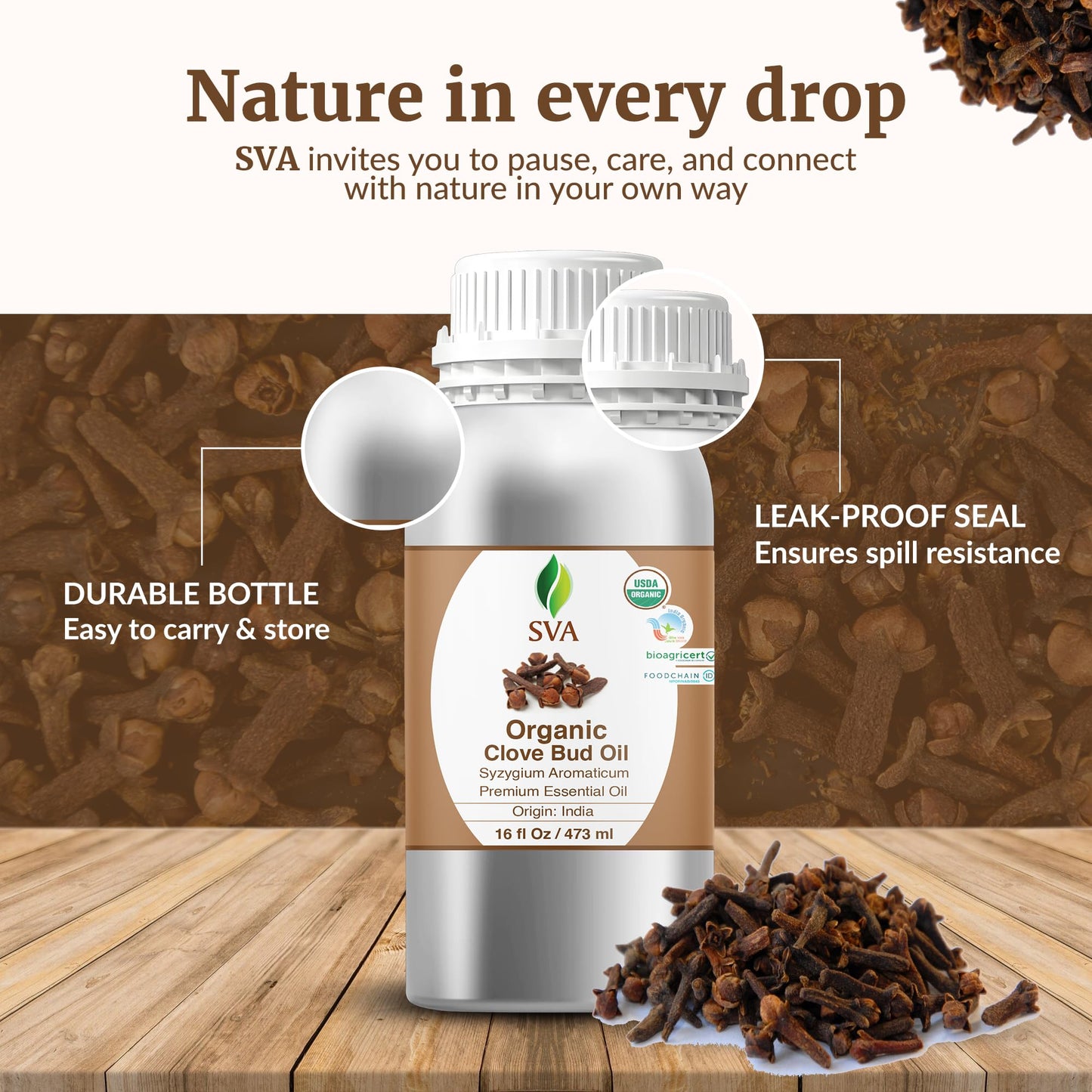 SVA Clove Bud Essential Oil Organic โ 16oz | 100% Natural Clove Oil for Diffuser, Hair, Skin & Massage