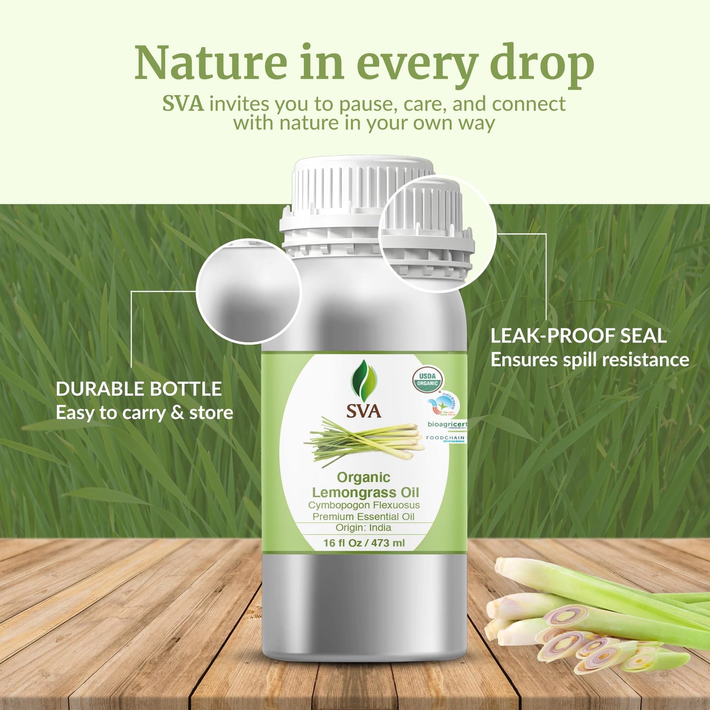 SVA Lemongrass Essential Oil Organic โ 16oz | 100% Natural Lemongrass Oil for Hair, Skin, Diffuser
