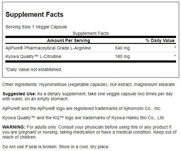 Swanson Ajipure L-Arginine with L-Citrulline โ 60 Veg Capsules