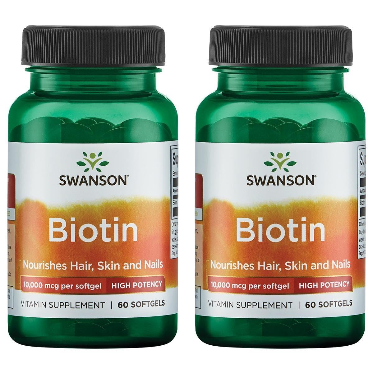 Swanson Biotin - High Potency 10,000 mcg 60 Sgels (2 Pack) | Hair, Skin & Nails Support