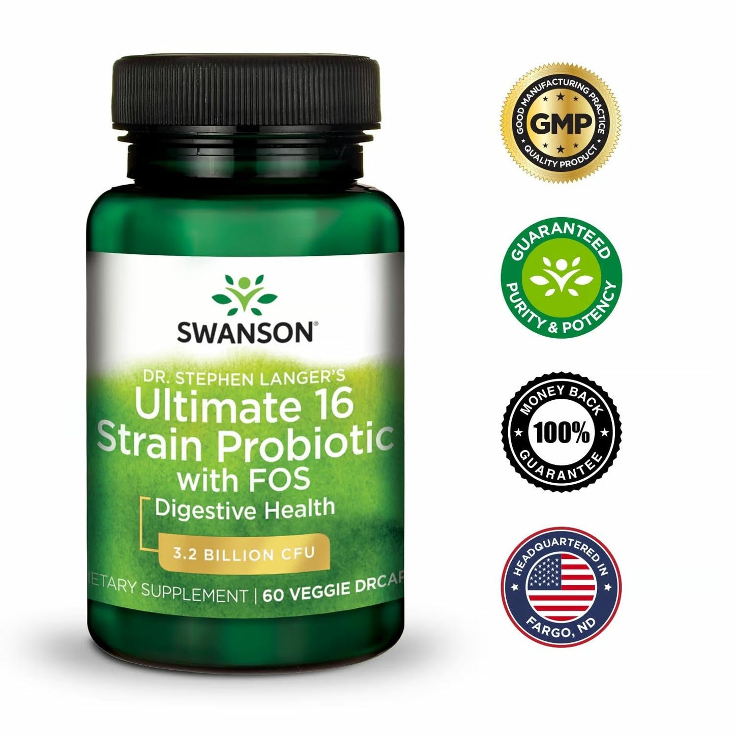 Swanson Dr. Stephen Langer's Formula ā 16-Strain Probiotic with Prebiotic FOS, 3.2B CFU per Capsule (60 Veggie Caps) ⢠4 Pack