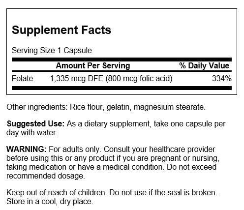 Swanson Folic Acid 800 mcg (335 mcg DFE Folate) โ 250 Capsules