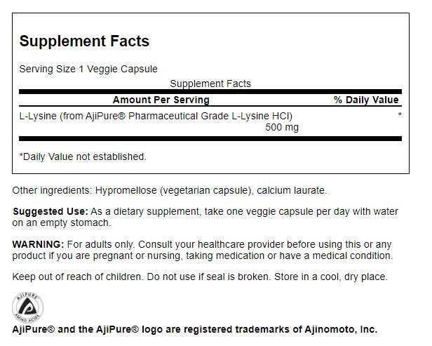 Swanson Ajipure L-Lysine 500 mg Pharmaceutical Grade โ 90 Veg Capsules (Pack of 2)
