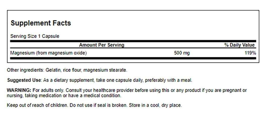 Swanson Magnesium Oxide 500 mg 100 Caps โ Supports Muscles, Bones & Health