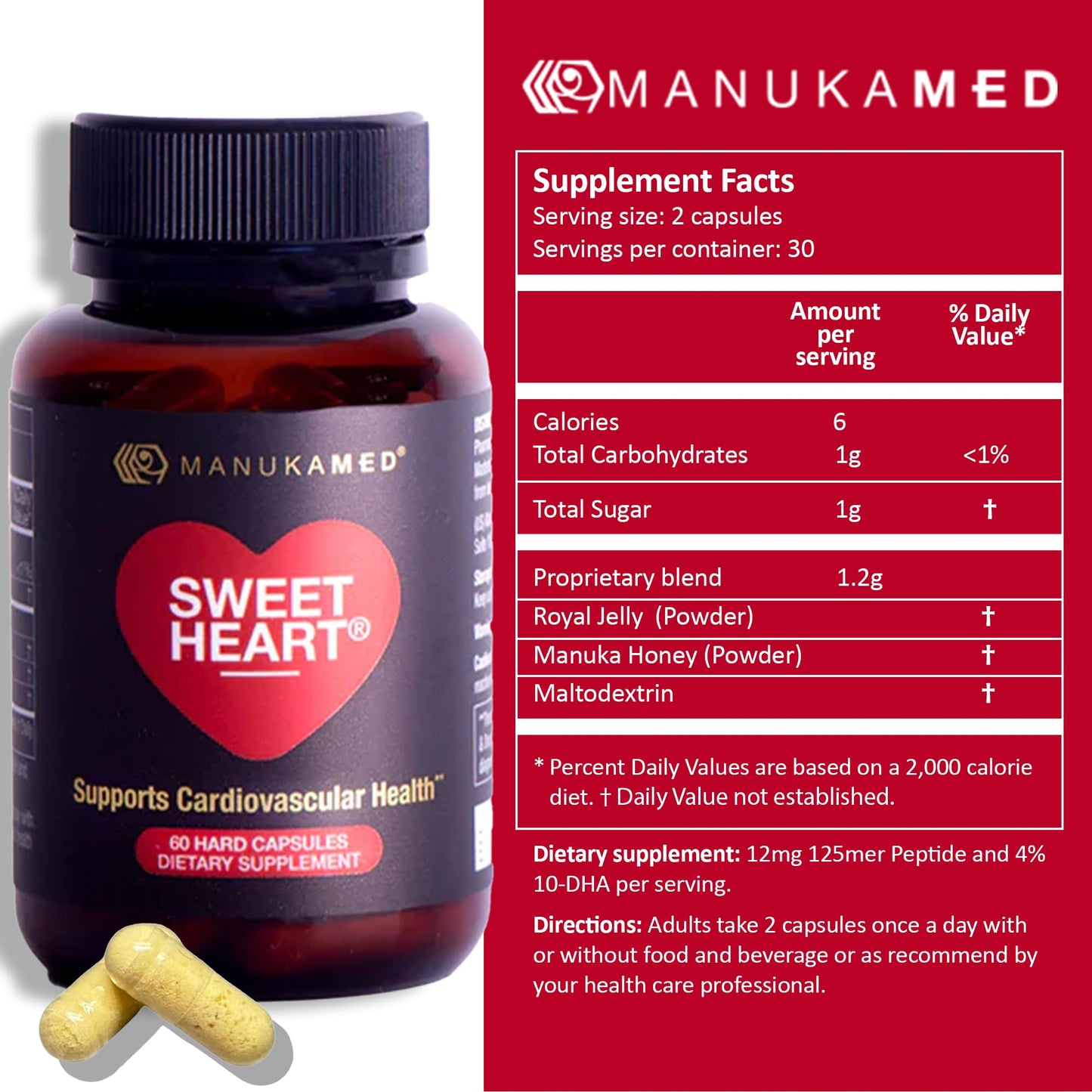 SweetHeart Natural Cholesterol Support Supplement โ Manuka Honey Modified Royal Jelly Peptides, 60 Capsules | New Zealand Manuka Honey