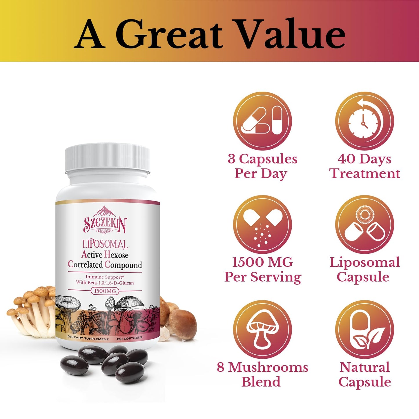 SZCZEKIN 1500mg Liposomal AHCC Supplement โ 120 Soft Gels, Immune & Liver Support, 8-Mushroom Blend