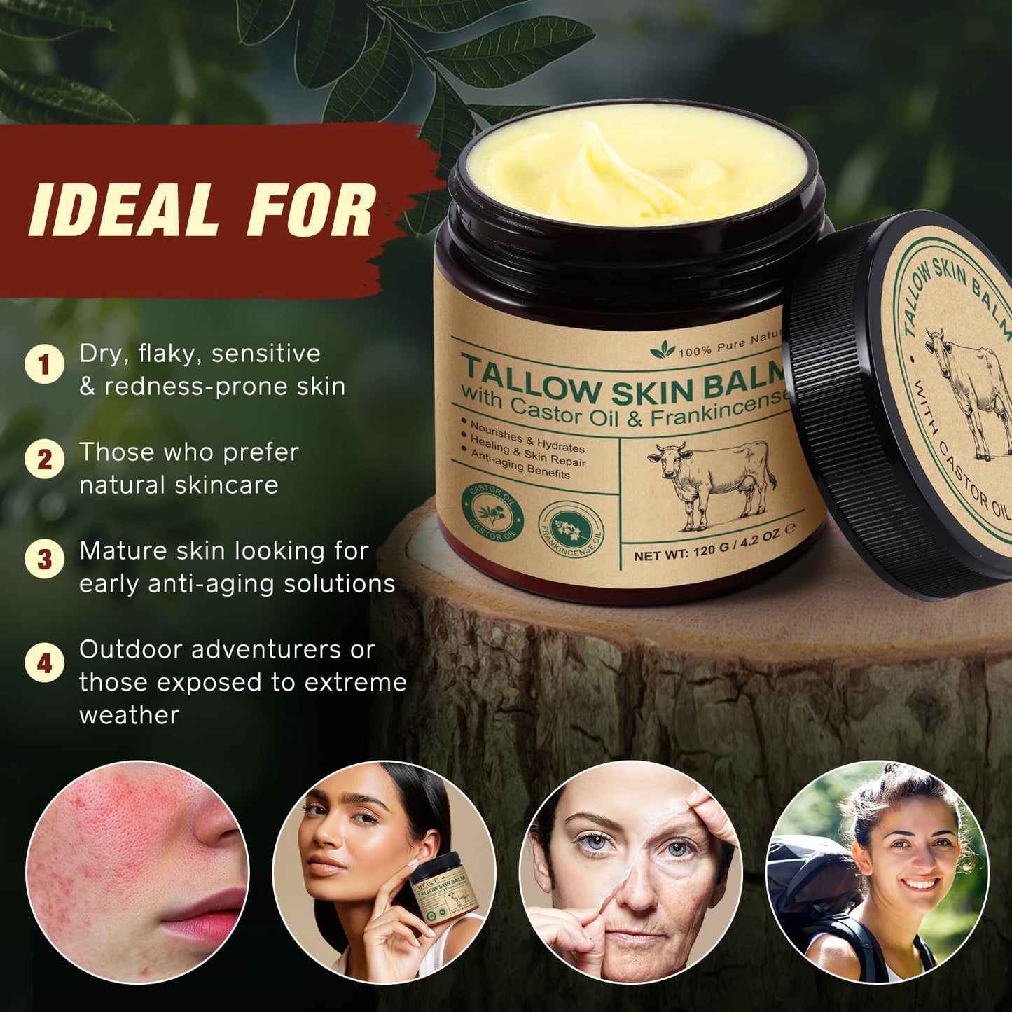 Tallow Frankincense Balm โ Grass-Fed Beef Tallow + Castor Oil & Frankincense (4.2 oz)
