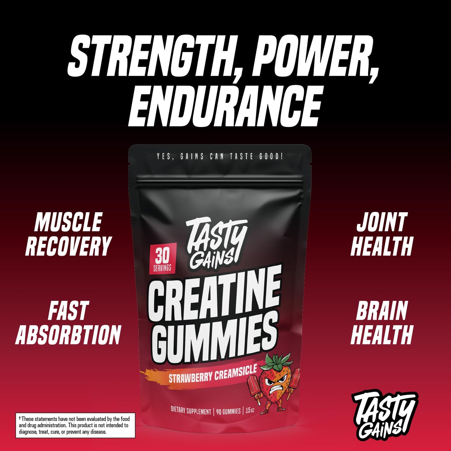 TASTY GAINS Creatine Gummies β 90g, 1g Monohydrate per Gummy, Made in USA