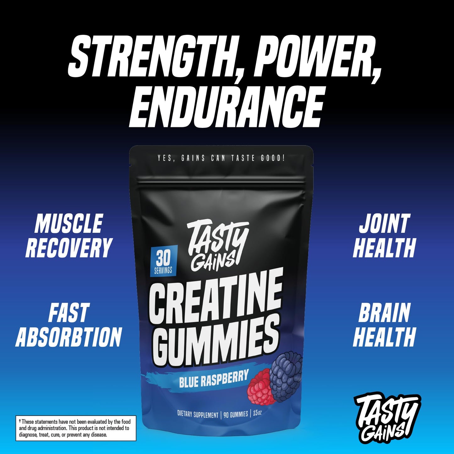 TASTY GAINS Creatine Gummies β 90g Creatine Monohydrate, Muscle Support, Vegan, Made in USA (Blue Raspberry)