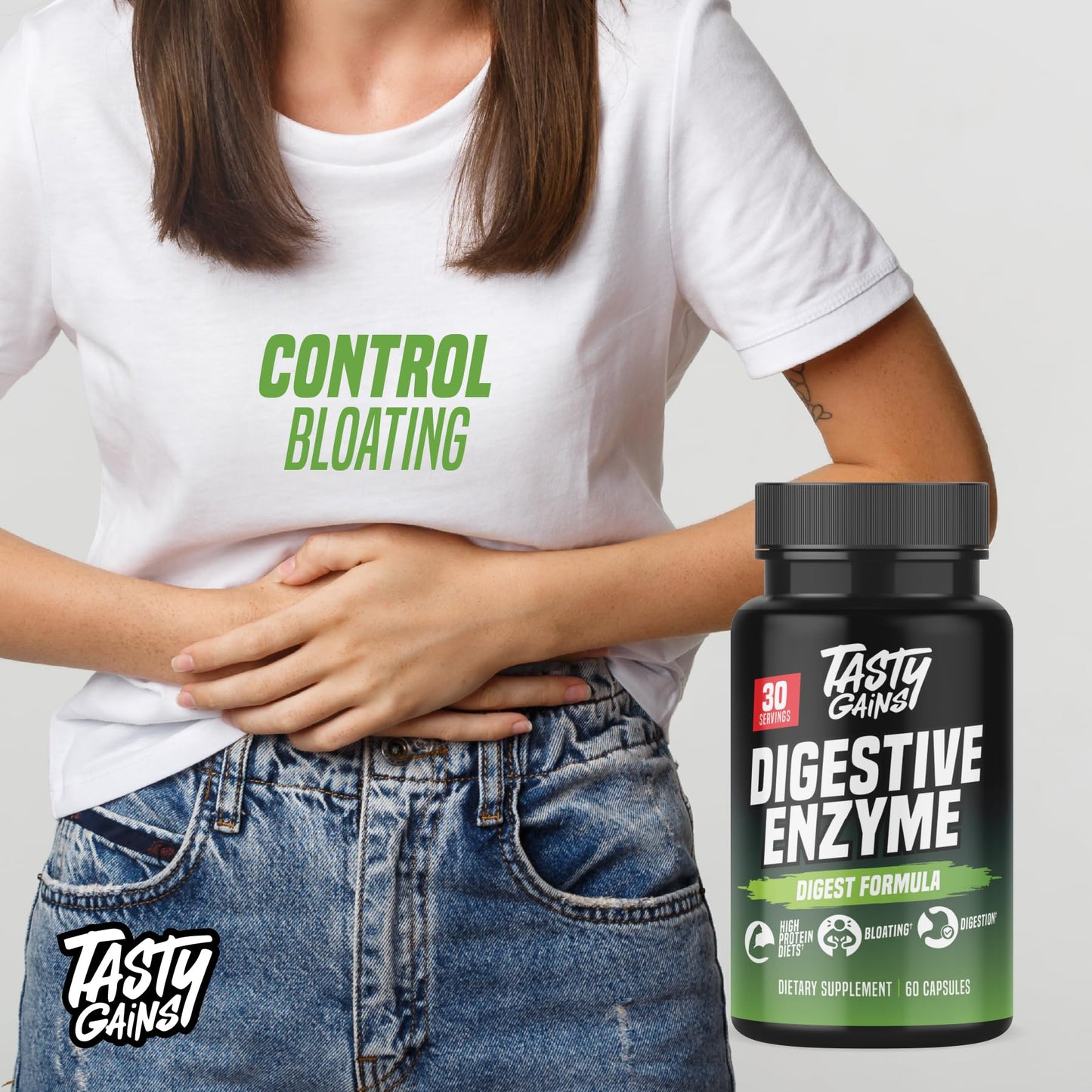 TASTY GAINS Digestive Enzymes โ Gut Health & Bloating Relief (60 Capsules)