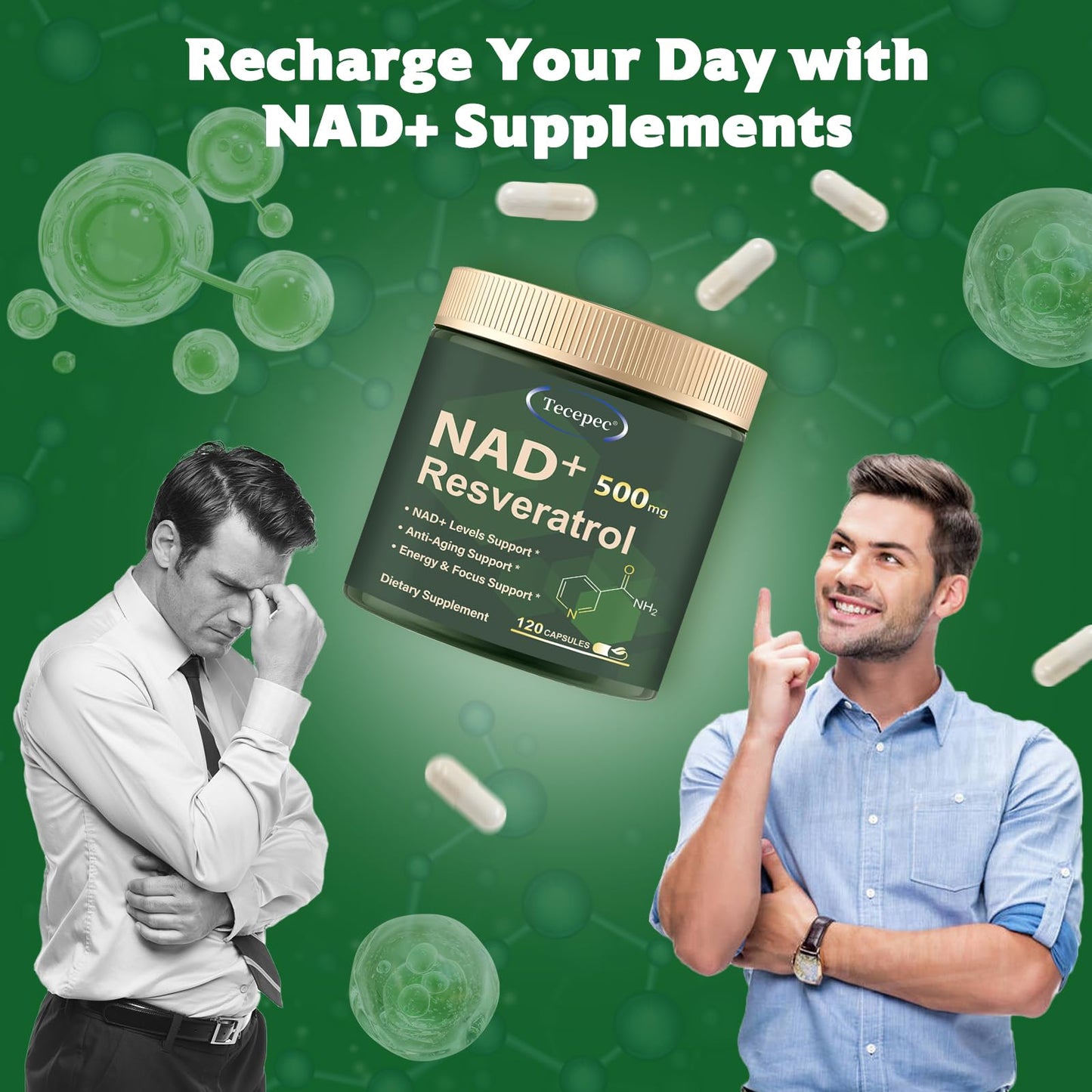 Tecepec NAD+ 650mg Liposomal Supplement with Resveratrol โ 120 Vegan Capsules