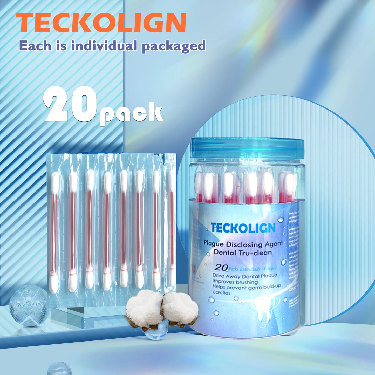 Teckolign Plaque Disclosing Agent โ 20 Cotton Swabs for Kids & Adults | Dental Care Kit