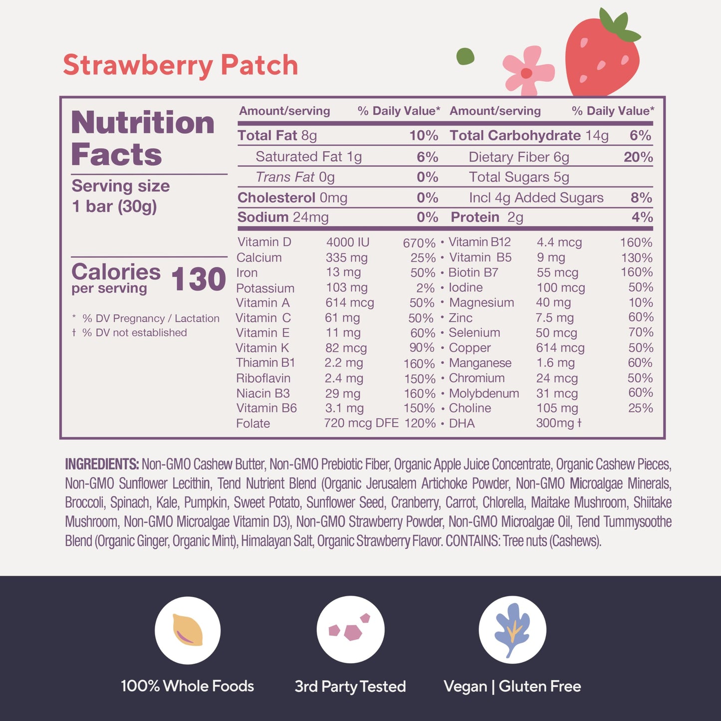 Tend Daily Prenatal Vitamin Bar โ Organic, DHA, Folate, Vitamin D, B Vitamins & Choline | Strawberry Patch 7ct