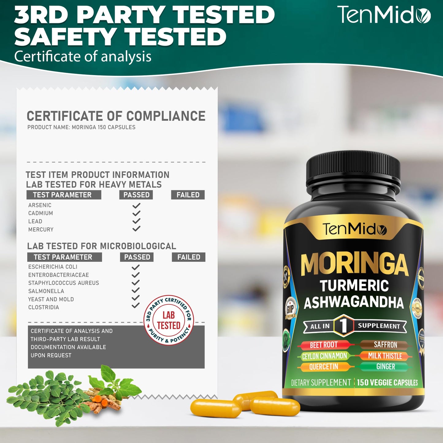 Tenmido Moringa Oleifera Supplement โ 10-in-1 Formula for Energy & Immune Support | 150 Capsules