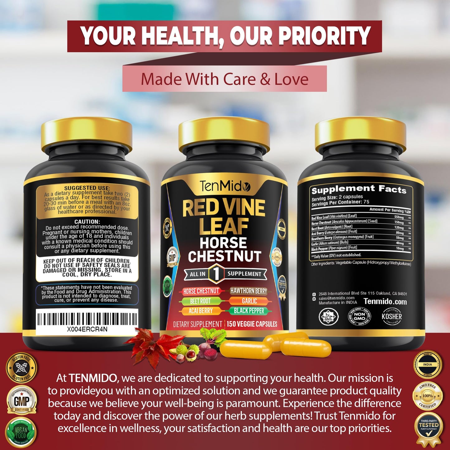 Tenmido Red Vine Leaf Extract Supplement โ 7-in-1 Formula, 150 Capsules (75 Days)