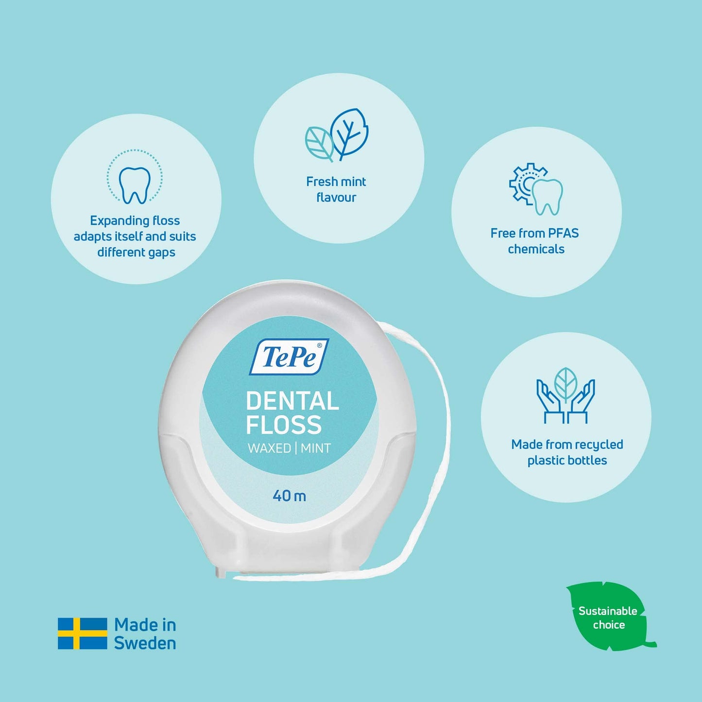 TePe Dental Floss โ Waxed Mint, PFAS-Free, 40 Meters