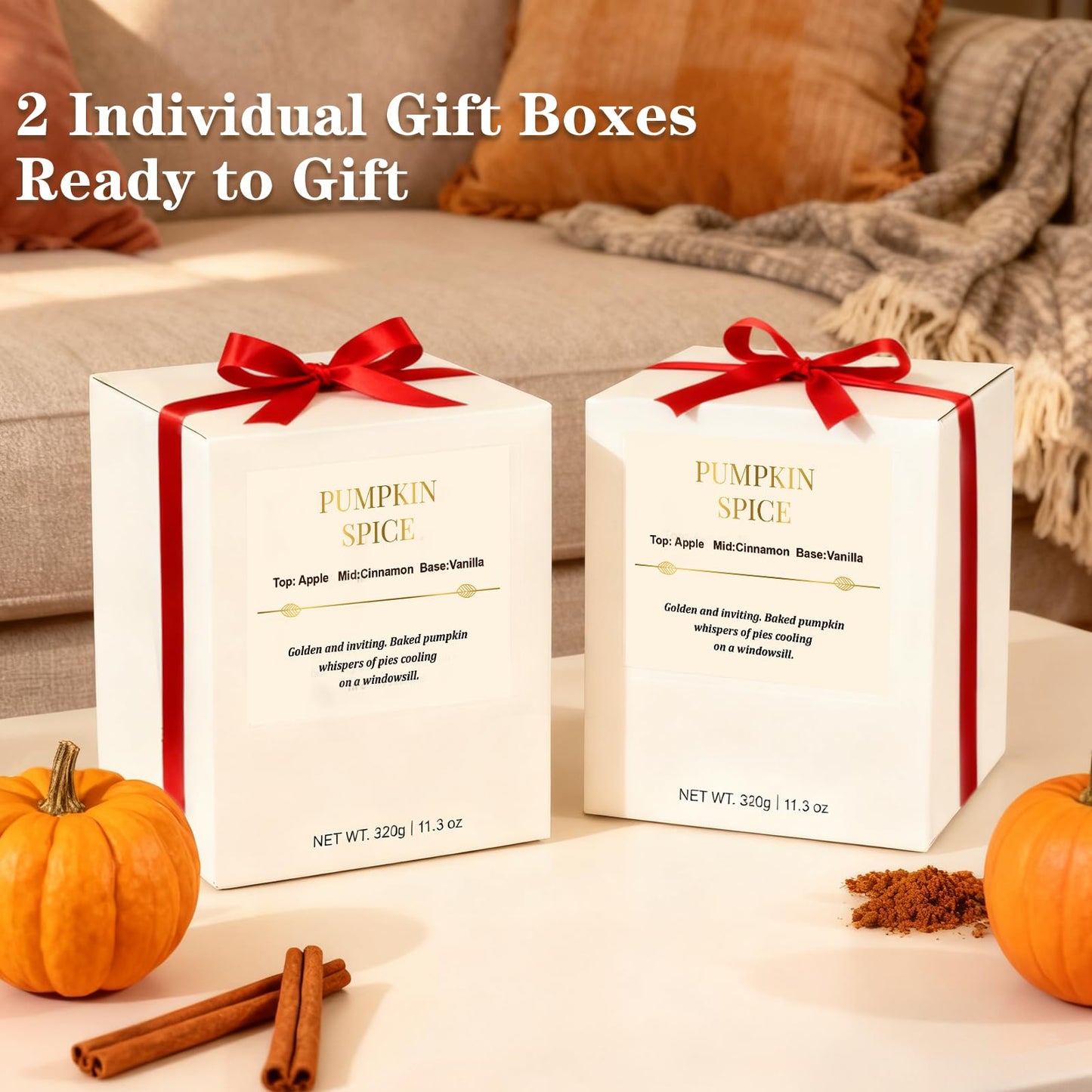 Fall Candle Gift Set โ 2-Pack Wood Wick Pumpkin Spice Soy Candles with Gift Boxes (22.6 oz)