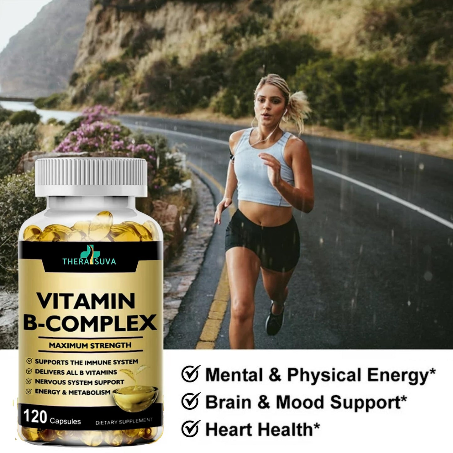 TheraSuva Vitamin B-Complex + CoQ10 + Vitamin C โ Max Strength, 120 Softgels, 60 Day Supply