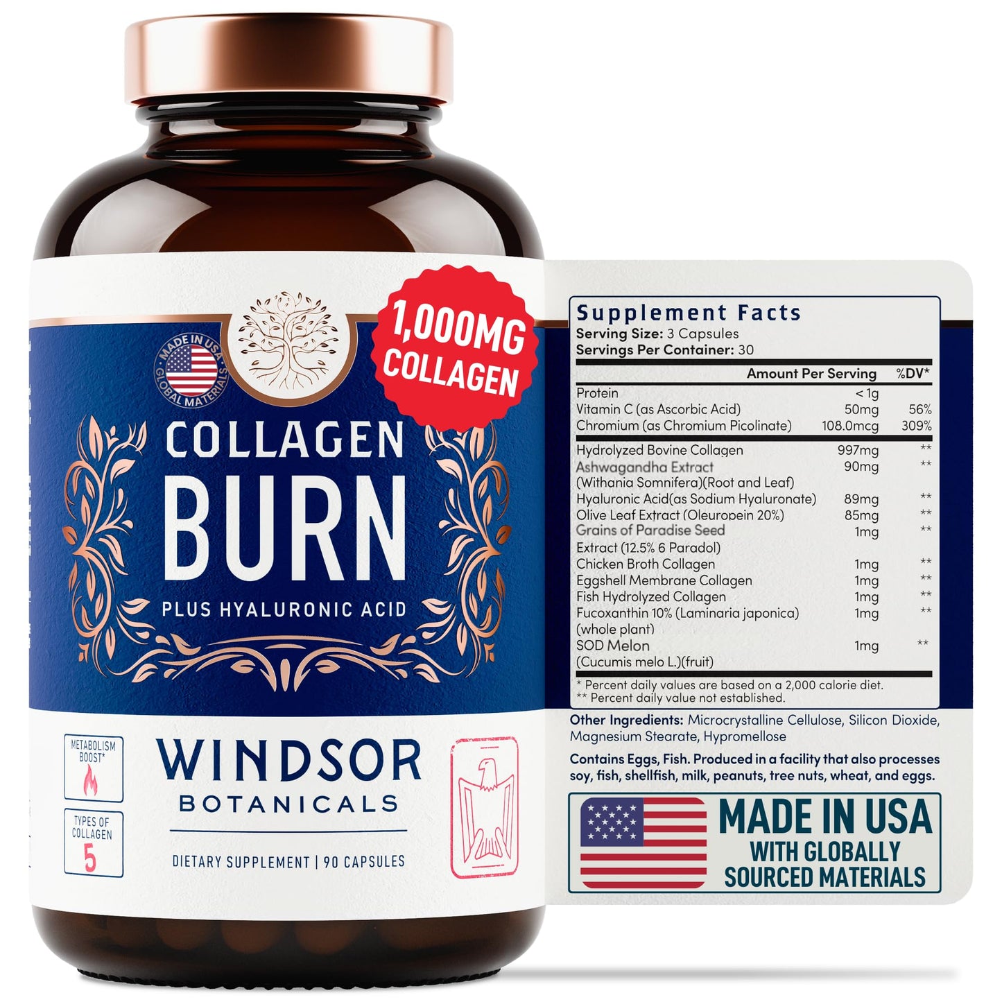 Thermogenic Multi Collagen Burn Capsules โ 2-Pack, 180 Pills | Hyaluronic Acid, Marine Collagen & Vitamin C