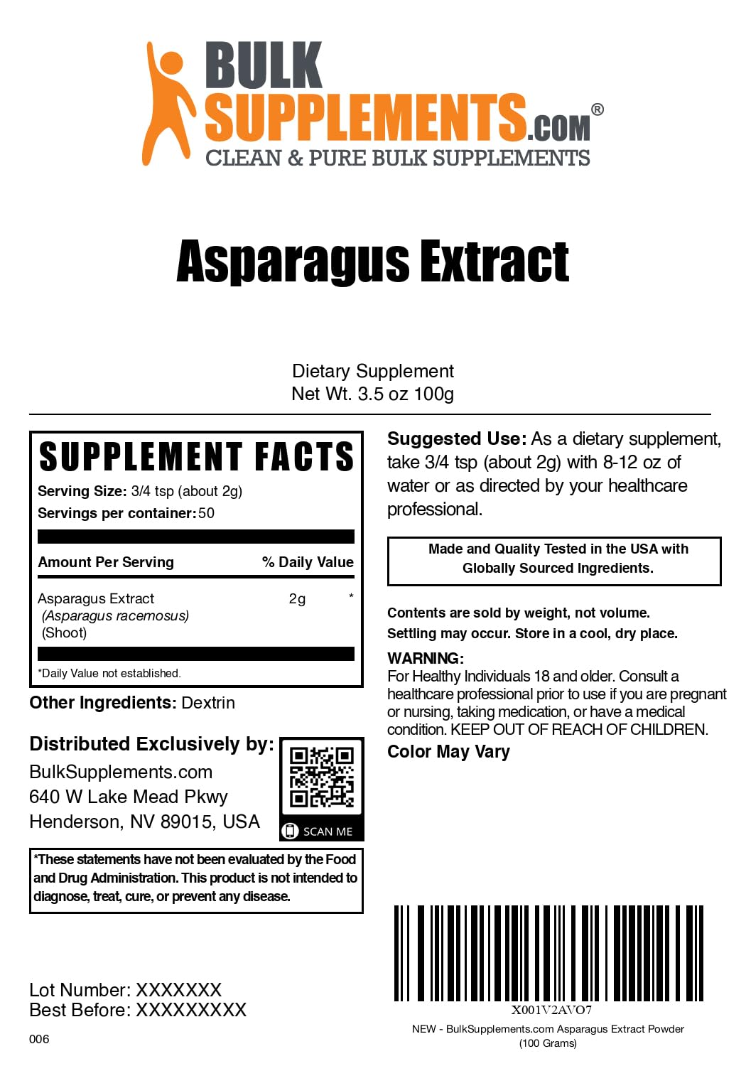 Asparagus Extract Powder & Shatavari โ Gluten Free, 2g Serving, 100g