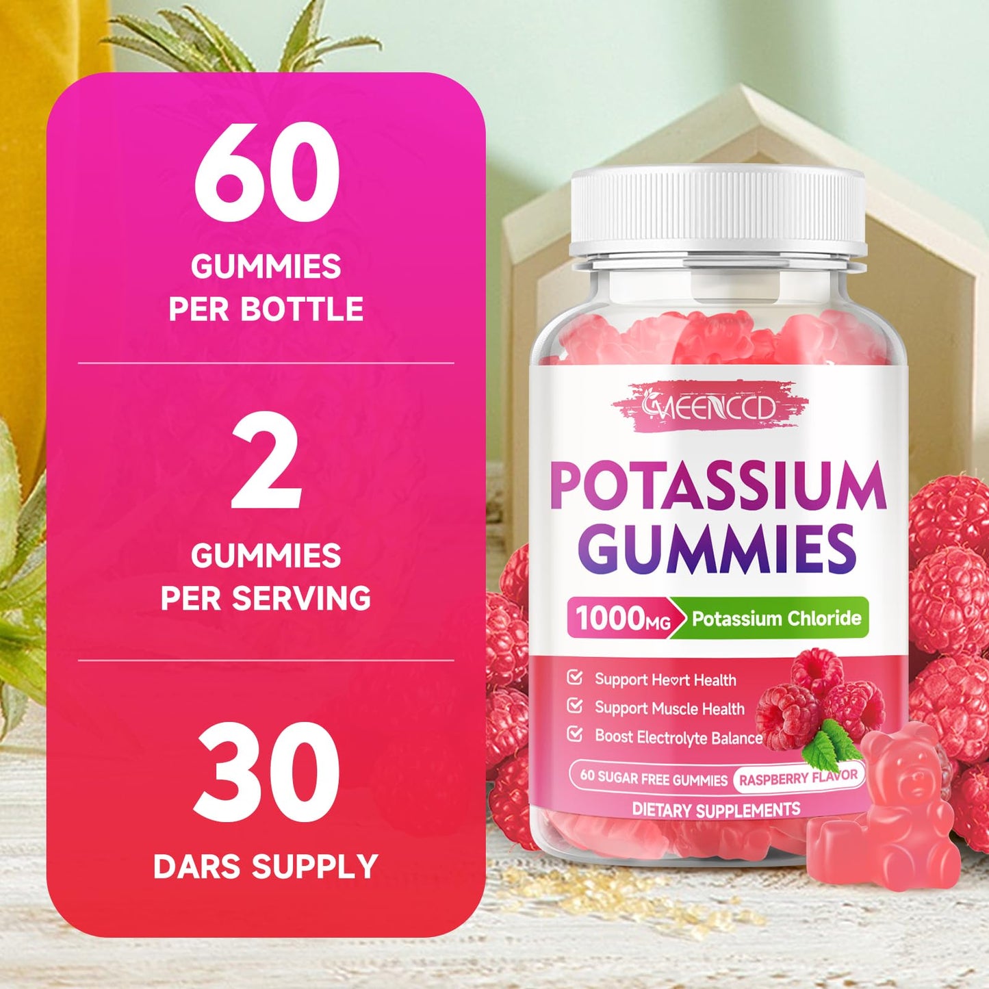 2 Pack Potassium Gummies 1000mg โ Sugar-Free Raspberry (120 Count)