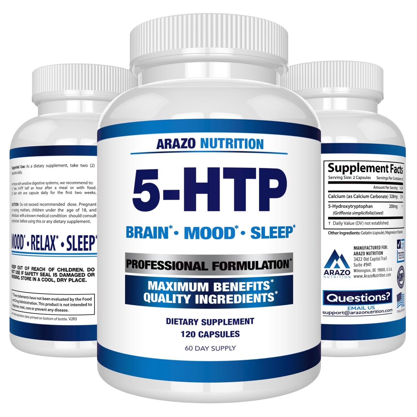 5-HTP 200 mg Plus Calcium โ Mood & Sleep Support | 120 Capsules | Arazo Nutrition