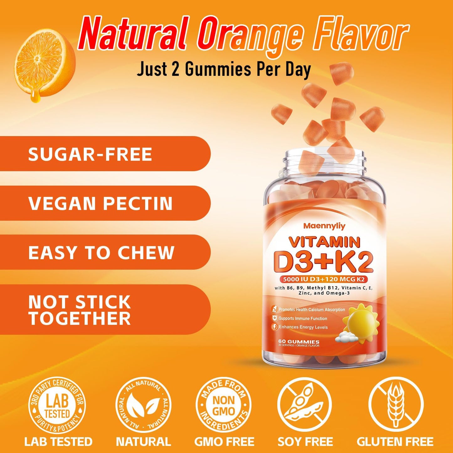 Vitamin D3 K2 Gummies for Adults โ 5000IU D3 + 120mcg MK-7 K2 | Sugar-Free, Omega-3 & B Vitamins