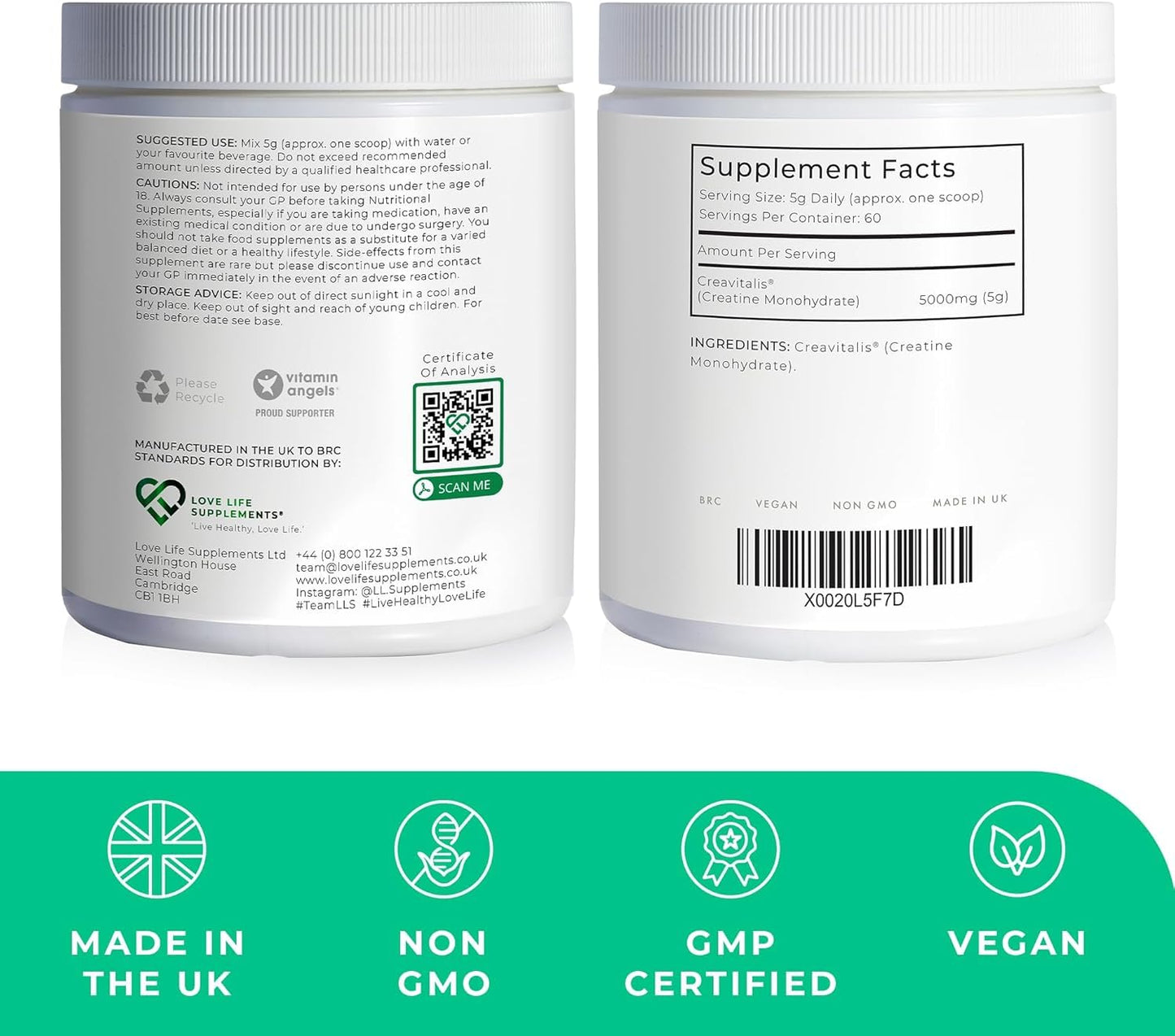 Creapure Creatine Monohydrate Powder 300g โ 60 Servings (Vegan)