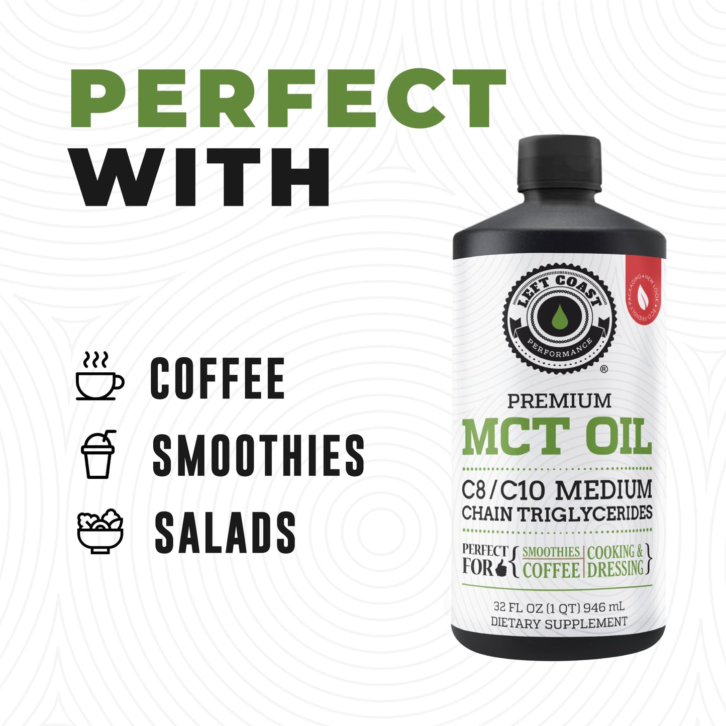 100% Coconut MCT Oil Liquid โ C8 C10 for Sustained Mental Energy & Focus | Palm Free, Vegan, Keto & Paleo | 32 oz (60+ Servings)