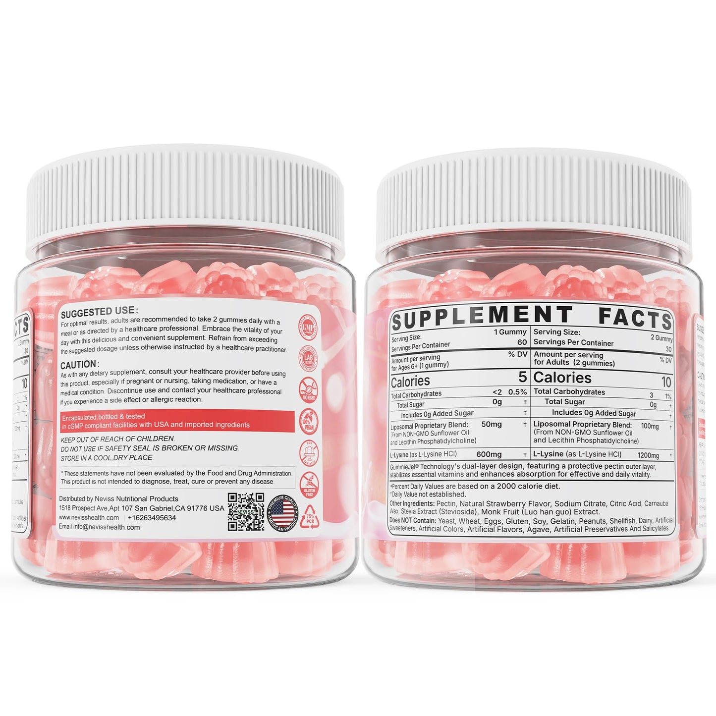 Liposomal L-Lysine Gummies 1200mg โ High-Absorption Immune & Skin Support (Vegan Non-GMO Sugar-Free) โ 60 Gummies