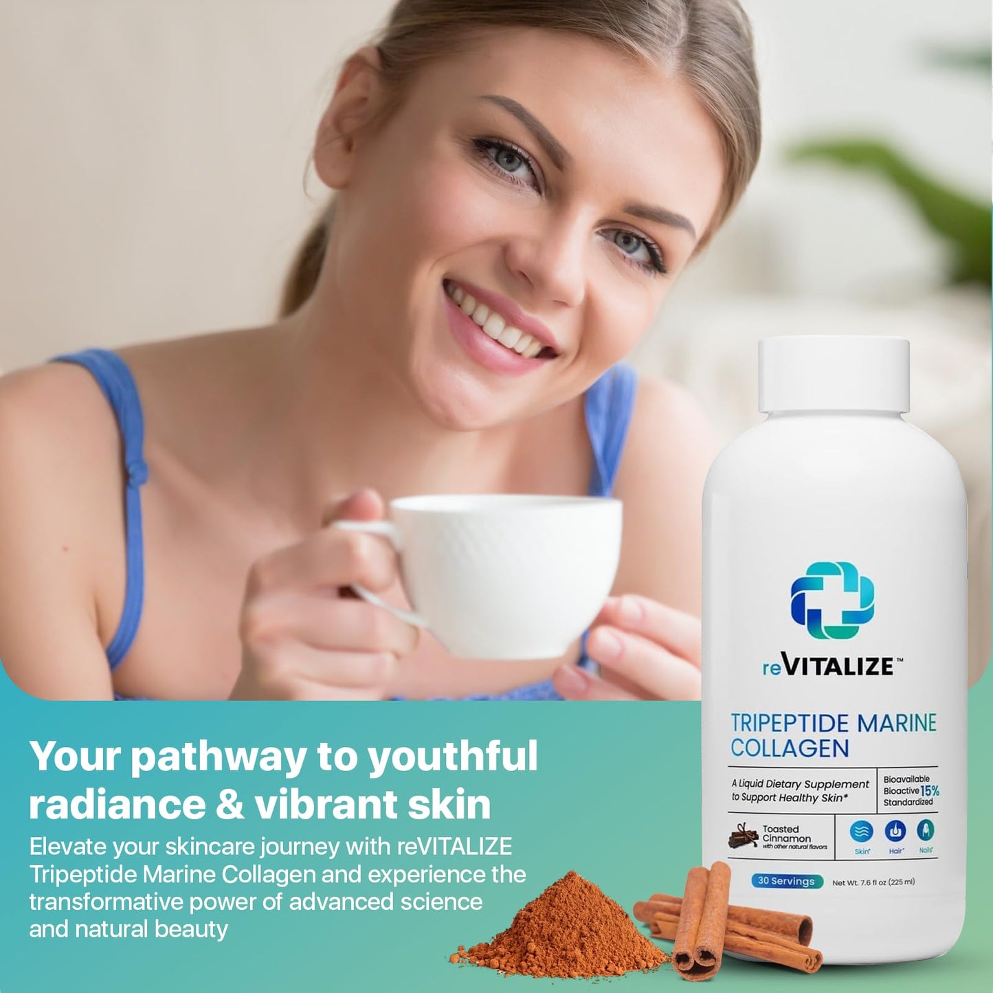 Liquid Collagen 1000mg Tripeptides 15% โ Anti-Aging Formula for Skin, Hair & Joints | Cinnamon Flavor