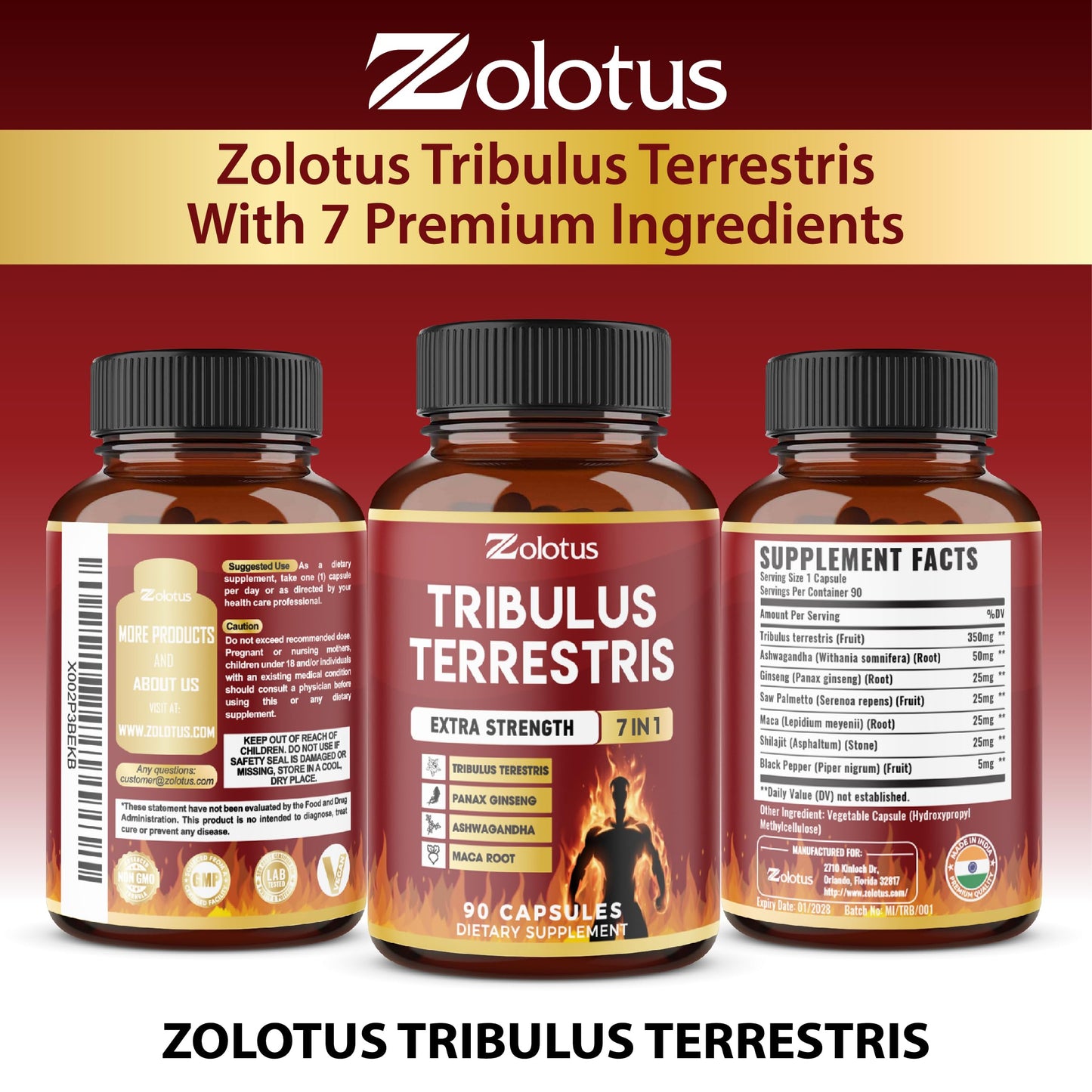 Tribulus Terrestris Capsules with Ashwagandha, Panax Ginseng, Saw Palmetto, Maca, Shilajit โ 90 Capsules (3-Month Supply)