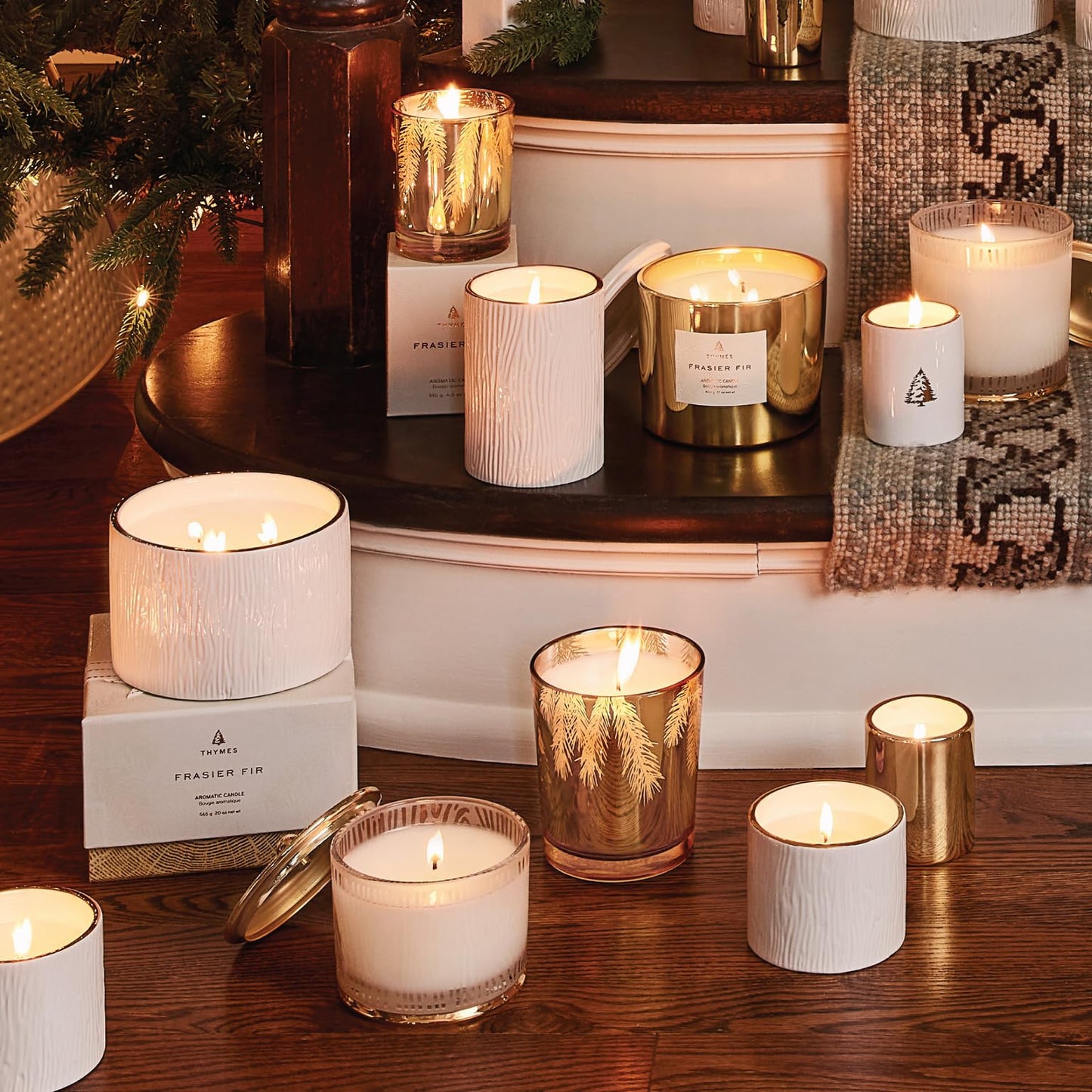 Thymes Frasier Fir Candle β Gilded Collection | Wood Grain Ceramic, 24K Gold Rim, 6 oz Petite