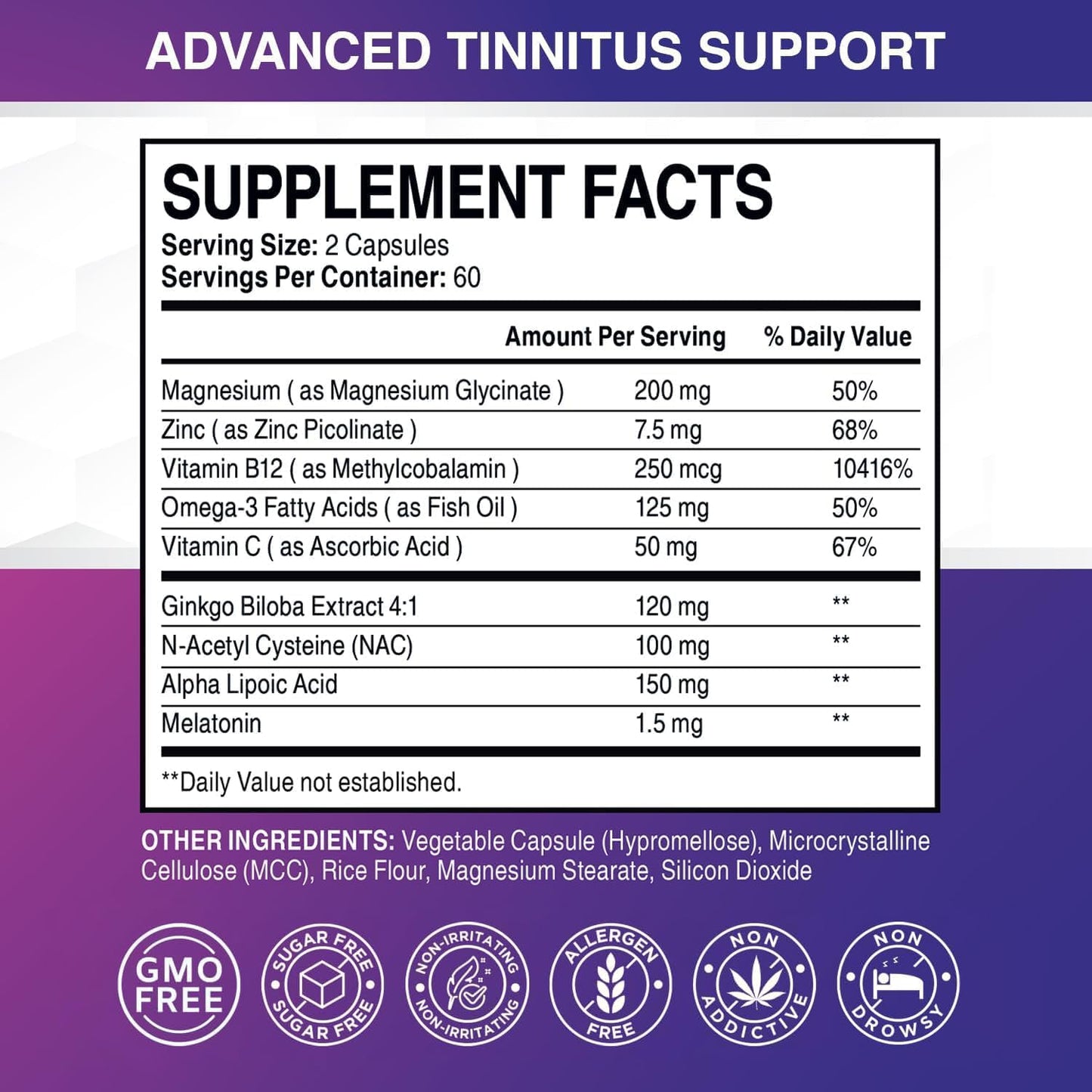 Tinnitus Relief for Ringing Ears โ Natural Hearing Health Formula (120 Capsules) โ Made in USA