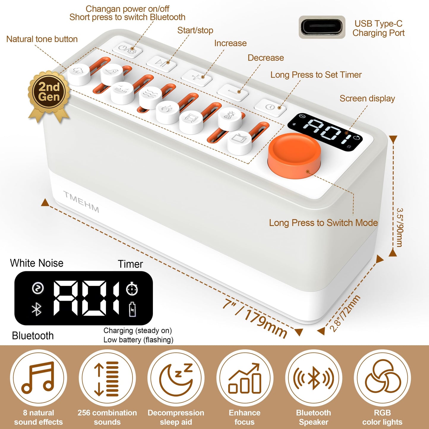 TMEHM 3-in-1 Sleep Sound Machine β 8 Sounds, Bluetooth Speaker, 12-Color Night Light