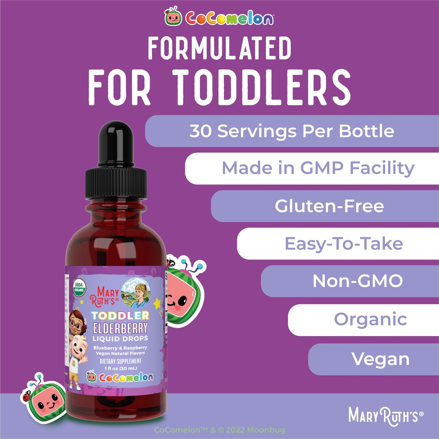 MaryRuth Organics Cocomelon Toddler Elderberry Syrup โ USDA Organic, Sugar Free (Ages 1-3) 1 Fl Oz