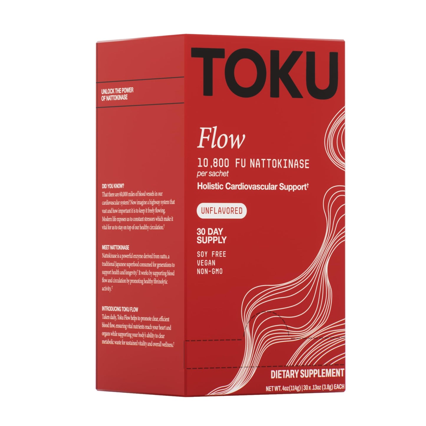 Toku Flow, Functional Daily Powder with 10,800 FU Soy-Free Nattokinase, Vitamin K2 MK7 & Oat Beta Glucan, Plant-Based Formula, Chocolate Flavor, 30 Packets