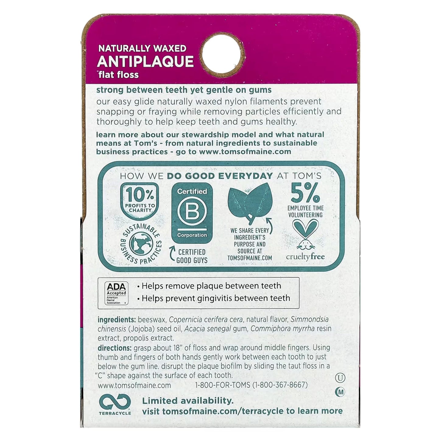 Tom's of Maine Natural Waxed Antiplaque Flat Floss โ Spearmint, 32 Yards, Pack of 2 | ADA Accepted