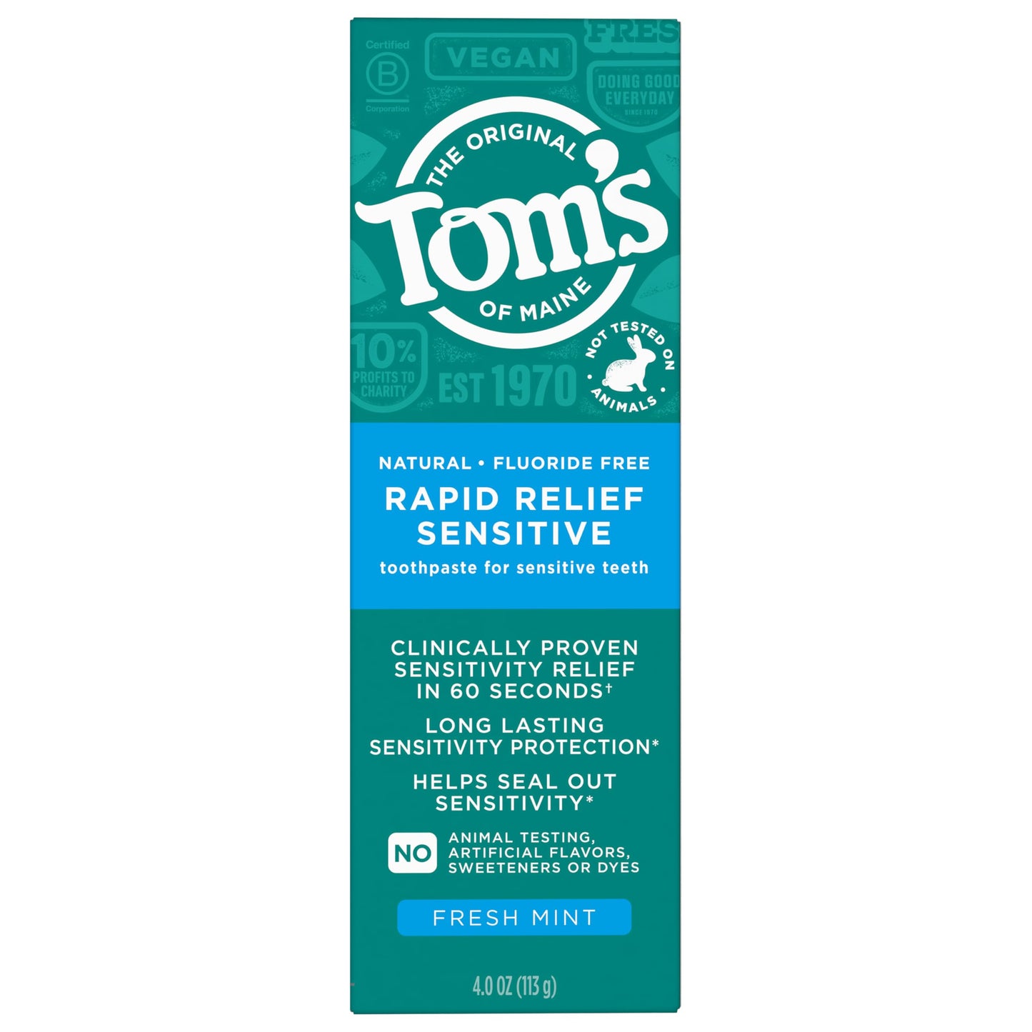 Tom's of Maine Fluoride-Free Rapid Relief Sensitive Toothpaste โ Fresh Mint, 4 oz