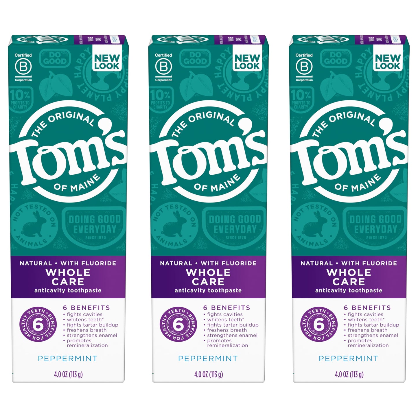Tom's of Maine Whole Care Natural Fluoride Toothpaste β Peppermint, 4 oz, 3-Pack (Packaging May Vary)