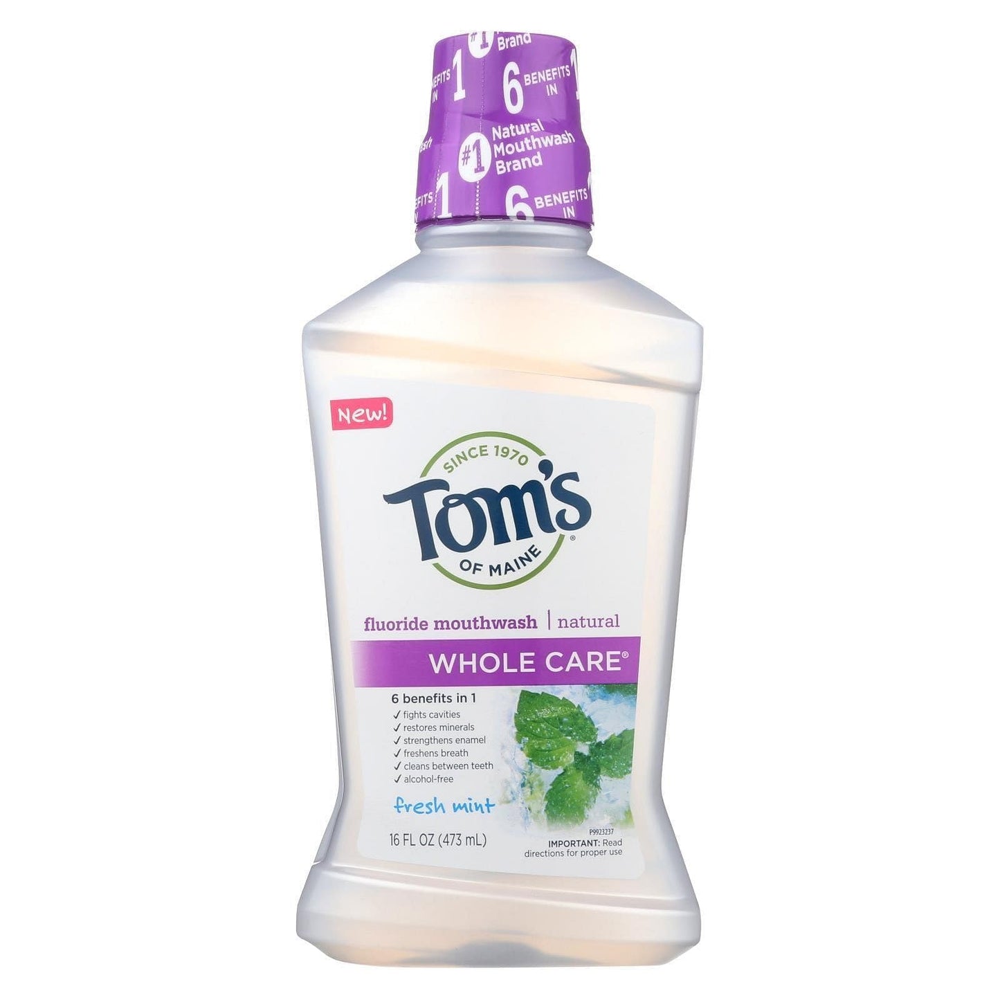 Tom's of Maine Whole Care Natural Fluoride Mouthwash โ Fresh Mint, 16 oz, 6-Pack (Packaging May Vary)