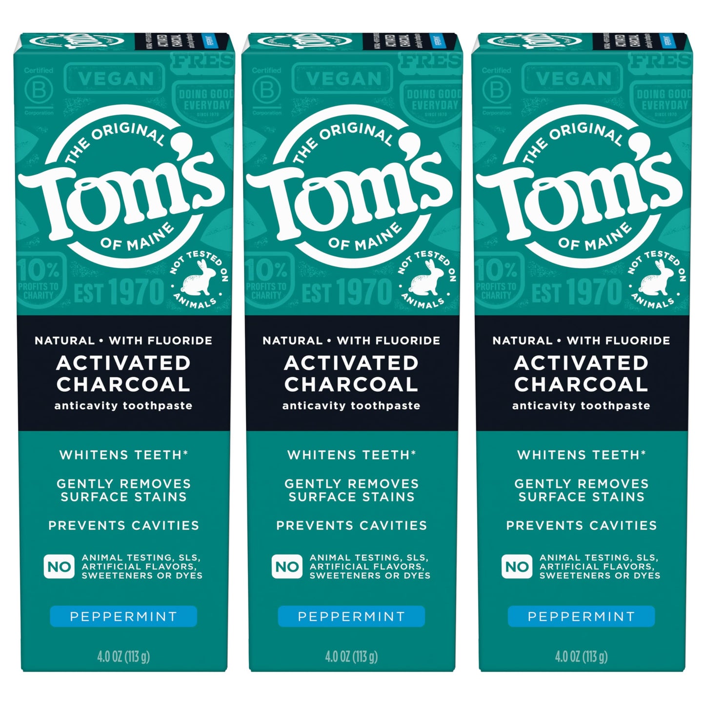 Tom's of Maine Activated Charcoal Toothpaste with Fluoride โ Peppermint, 4.7 oz, 3-Pack