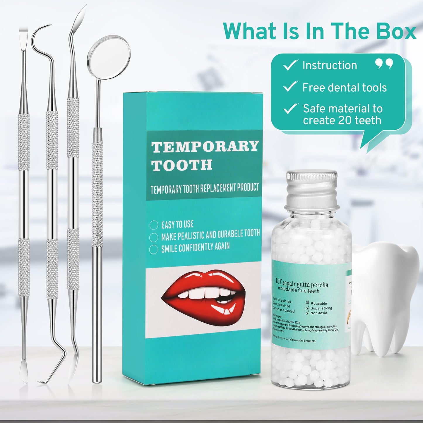 Tooth Repair Kit with 4 Dental Tools – Temporary Tooth Replacement, Moldable Fix
