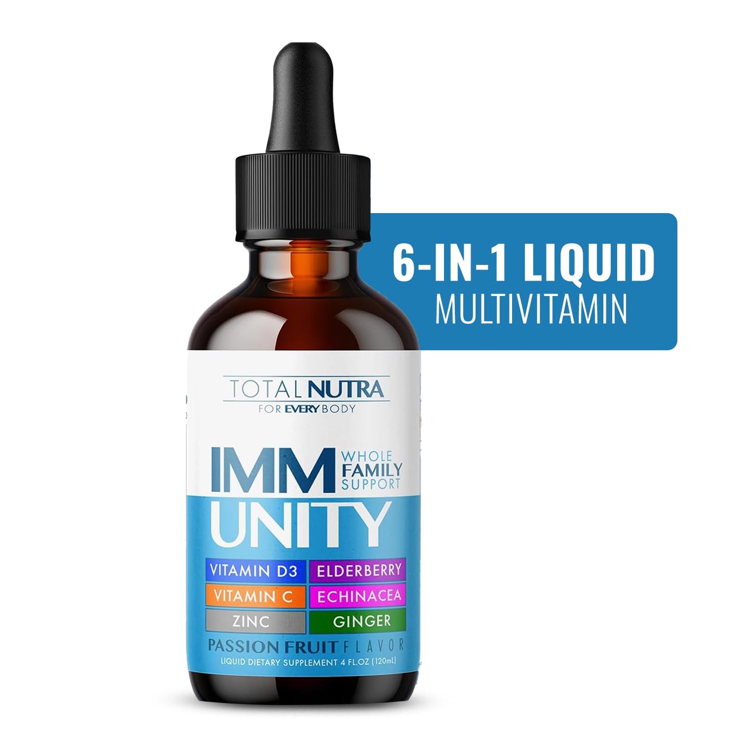 Total Immune 6-in-1 Liquid Multivitamin Drops โ 4 oz Passion Fruit | Zinc, D3, C Immunity Support