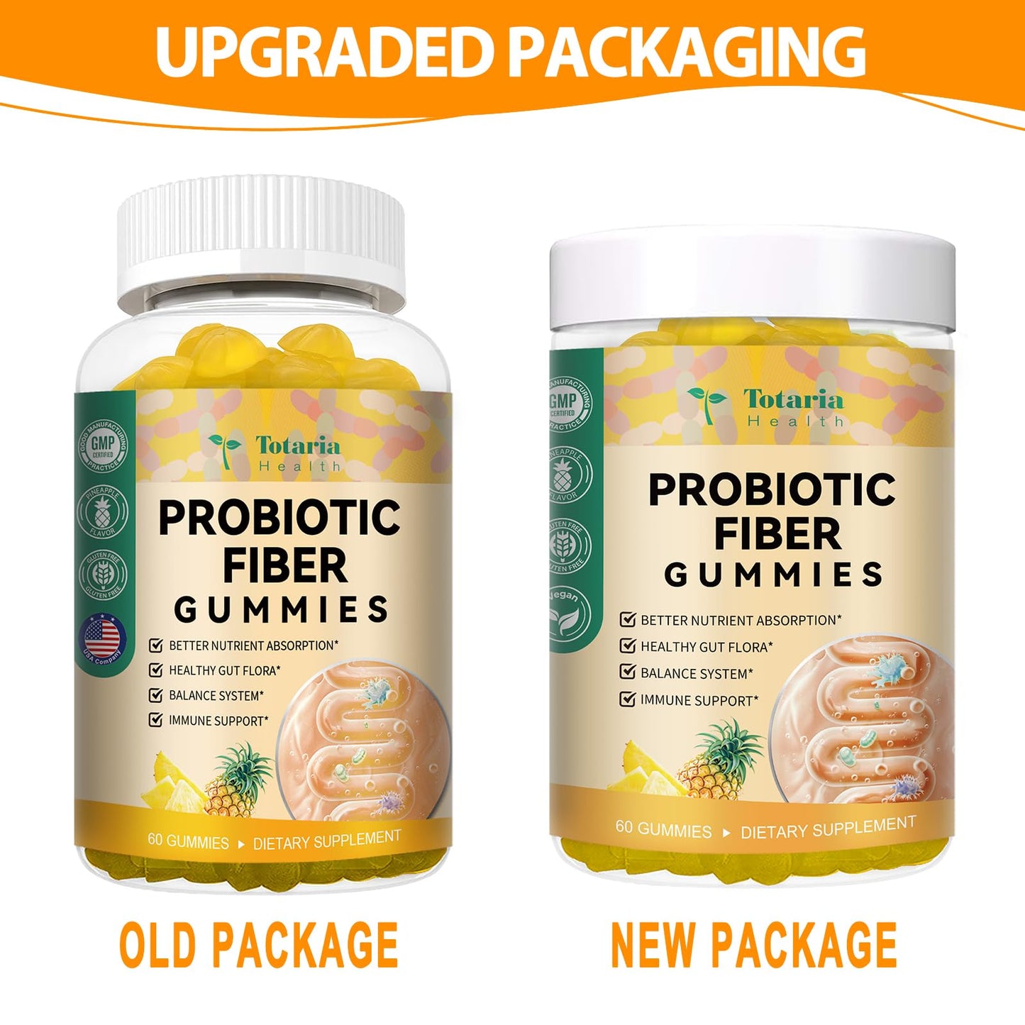 9-in-1 Probiotic Fiber Gummies for Adults & Teens โ 60 Pineapple Gummies | Totaria