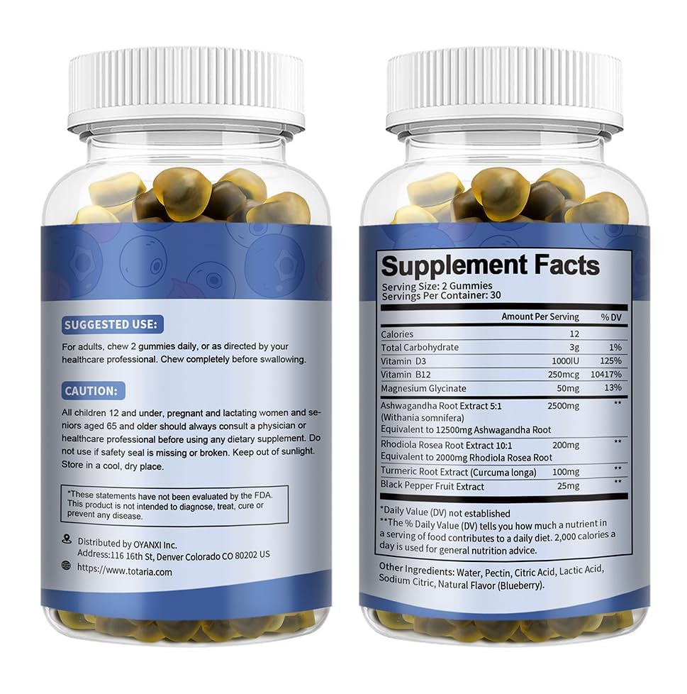 Totaria Sugar Free Ashwagandha Gummies 2500mg | Vitamin D3, Magnesium Glycinate, Rhodiola โ Blueberry