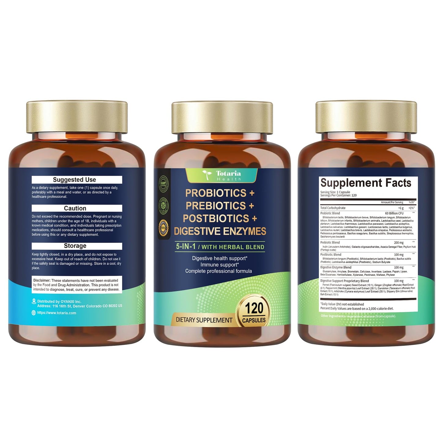 Totaria 5-in-1 Probiotic, Prebiotic & Postbiotic for Gut Health โ 60B CFU, 4-Month Vegan Supply