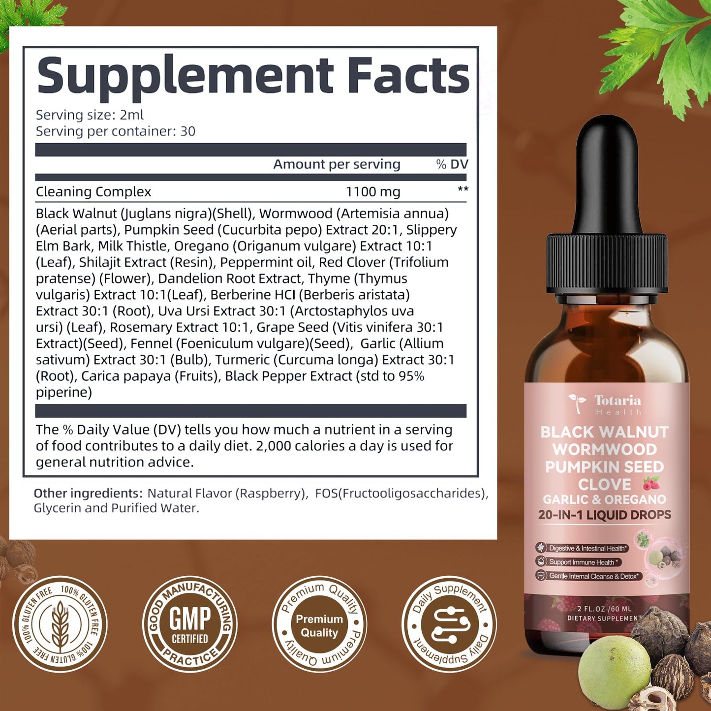 Totaria 2 Pack 20 in 1 Black Walnut Wormwood Tincture โ Raspberry Flavor, Alcohol-Free, Digestive Health